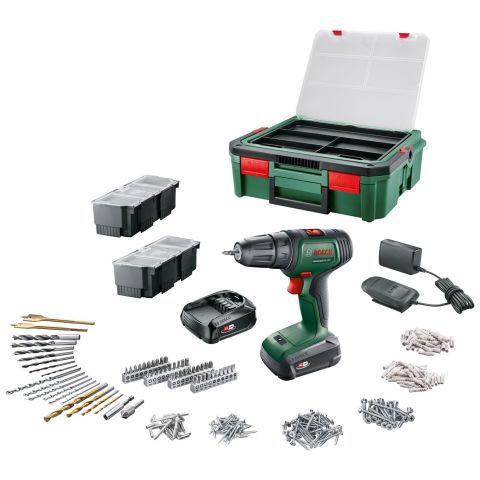 Bosch DIY Universal Drill 18 + SystemBox Skruvdragare med tillbehör, 1,5 Ah batterier och laddare