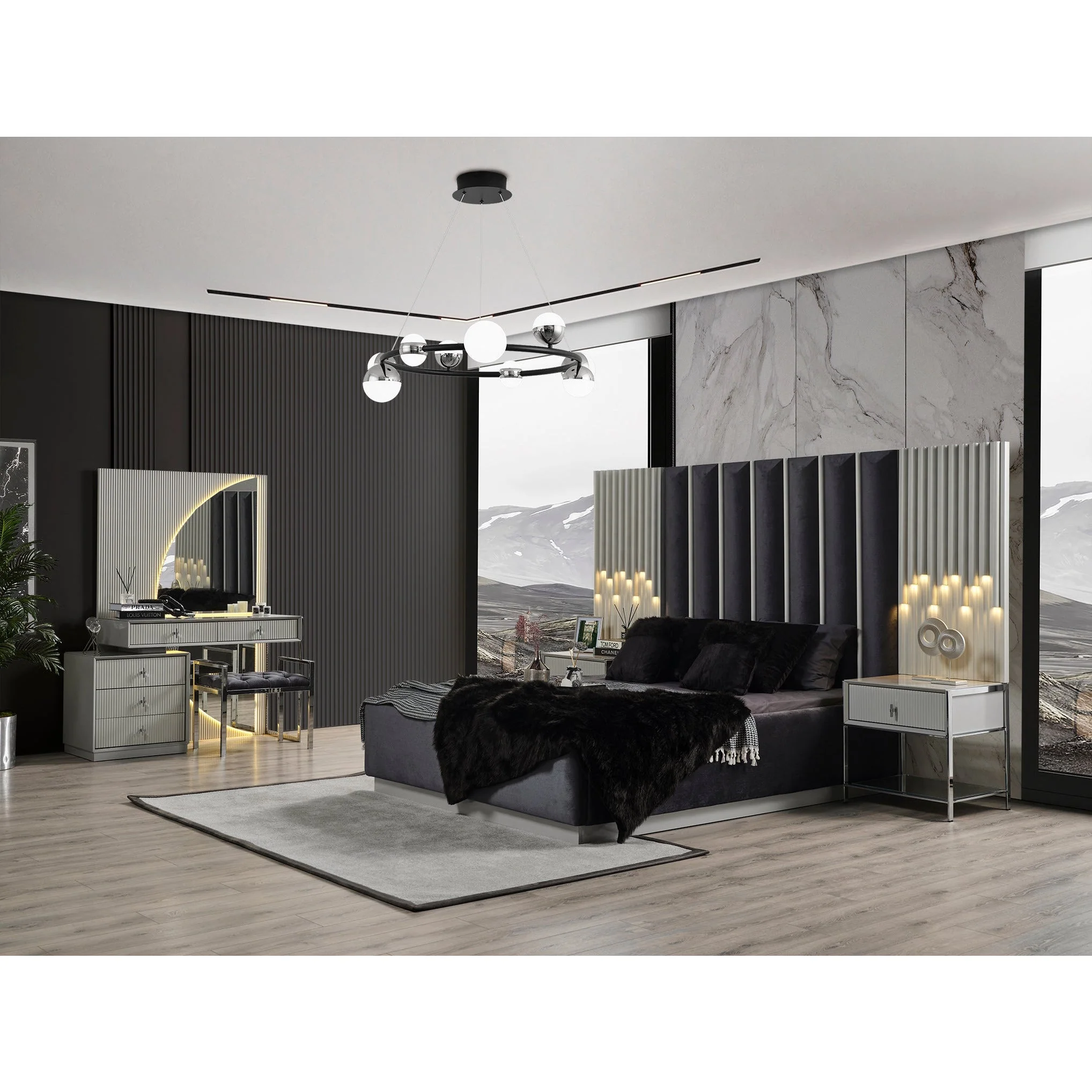 Pirlanta Sovrumsset (160 cm Säng-2st Sängbord-Sminkbord-Spegel)